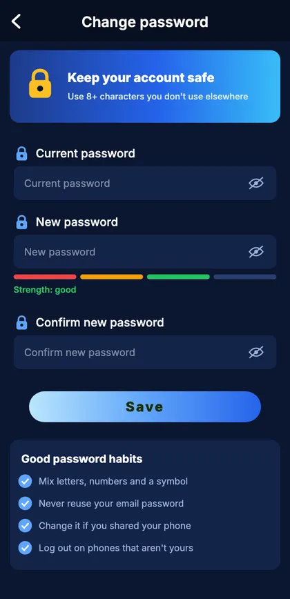 Sagar Club app change password screen